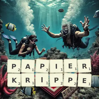 Kreative Illustration für ein Scrabble-Spiel, bei dem das Wort PAPIERKRIPPE mit Steinen auf dem Brett gelegt wurde.
