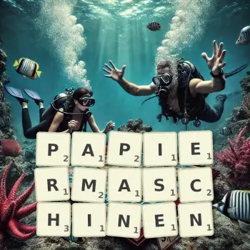 Kreative Illustration für ein Scrabble-Spiel, bei dem das Wort PAPIERMASCHINEN mit Steinen auf dem Brett gelegt wurde.