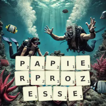 Kreative Illustration für ein Scrabble-Spiel, bei dem das Wort PAPIERPROZESSE mit Steinen auf dem Brett gelegt wurde.