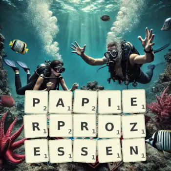 Kreative Illustration für ein Scrabble-Spiel, bei dem das Wort PAPIERPROZESSEN mit Steinen auf dem Brett gelegt wurde.