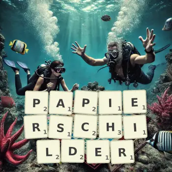 Kreative Illustration für ein Scrabble-Spiel, bei dem das Wort PAPIERSCHILDER mit Steinen auf dem Brett gelegt wurde.