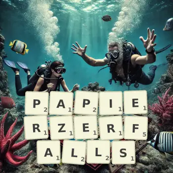 Kreative Illustration für ein Scrabble-Spiel, bei dem das Wort PAPIERZERFALLS mit Steinen auf dem Brett gelegt wurde.