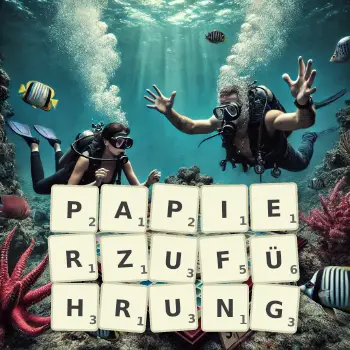 Kreative Illustration für ein Scrabble-Spiel, bei dem das Wort PAPIERZUFÜHRUNG mit Steinen auf dem Brett gelegt wurde.