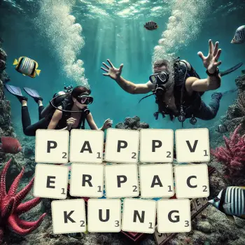 Kreative Illustration für ein Scrabble-Spiel, bei dem das Wort PAPPVERPACKUNG mit Steinen auf dem Brett gelegt wurde.