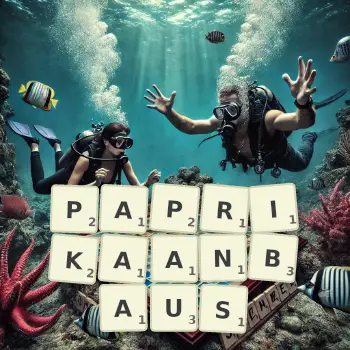 Kreative Illustration für ein Scrabble-Spiel, bei dem das Wort PAPRIKAANBAUS mit Steinen auf dem Brett gelegt wurde.