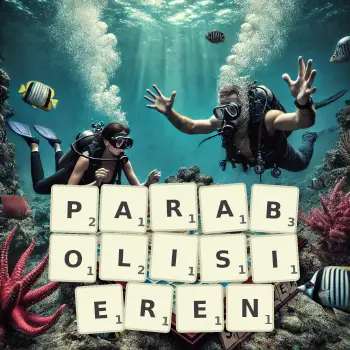 Kreative Illustration für ein Scrabble-Spiel, bei dem das Wort PARABOLISIEREN mit Steinen auf dem Brett gelegt wurde.