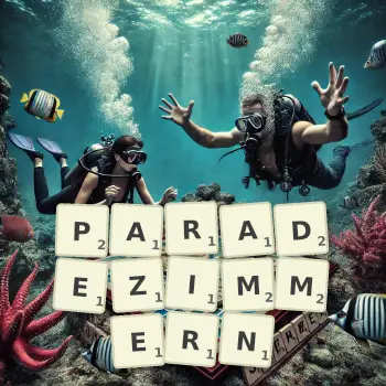 Kreative Illustration für ein Scrabble-Spiel, bei dem das Wort PARADEZIMMERN mit Steinen auf dem Brett gelegt wurde.
