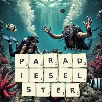 Kreative Illustration für ein Scrabble-Spiel, bei dem das Wort PARADIESELSTER mit Steinen auf dem Brett gelegt wurde.