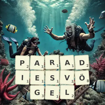 Kreative Illustration für ein Scrabble-Spiel, bei dem das Wort PARADIESVÖGEL mit Steinen auf dem Brett gelegt wurde.