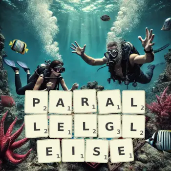 Kreative Illustration für ein Scrabble-Spiel, bei dem das Wort PARALLELGLEISE mit Steinen auf dem Brett gelegt wurde.
