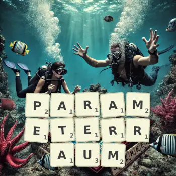 Kreative Illustration für ein Scrabble-Spiel, bei dem das Wort PARAMETERRAUM mit Steinen auf dem Brett gelegt wurde.