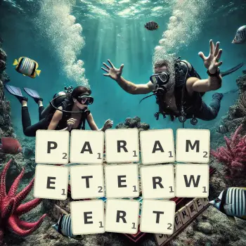 Kreative Illustration für ein Scrabble-Spiel, bei dem das Wort PARAMETERWERT mit Steinen auf dem Brett gelegt wurde.