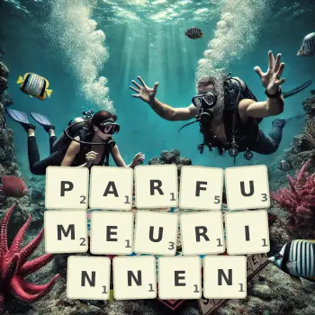 Kreative Illustration für ein Scrabble-Spiel, bei dem das Wort PARFUMEURINNEN mit Steinen auf dem Brett gelegt wurde.