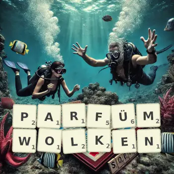 Kreative Illustration für ein Scrabble-Spiel, bei dem das Wort PARFÜMWOLKEN mit Steinen auf dem Brett gelegt wurde.