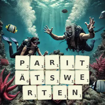 Kreative Illustration für ein Scrabble-Spiel, bei dem das Wort PARITÄTSWERTEN mit Steinen auf dem Brett gelegt wurde.