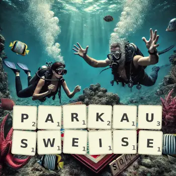 Kreative Illustration für ein Scrabble-Spiel, bei dem das Wort PARKAUSWEISE mit Steinen auf dem Brett gelegt wurde.