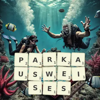 Kreative Illustration für ein Scrabble-Spiel, bei dem das Wort PARKAUSWEISES mit Steinen auf dem Brett gelegt wurde.