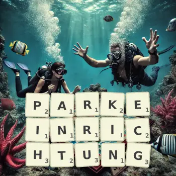 Kreative Illustration für ein Scrabble-Spiel, bei dem das Wort PARKEINRICHTUNG mit Steinen auf dem Brett gelegt wurde.