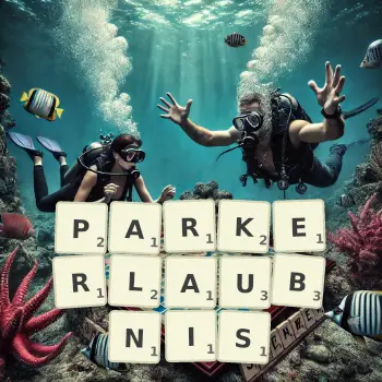 Kreative Illustration für ein Scrabble-Spiel, bei dem das Wort PARKERLAUBNIS mit Steinen auf dem Brett gelegt wurde.