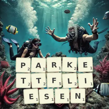 Kreative Illustration für ein Scrabble-Spiel, bei dem das Wort PARKETTFLIESEN mit Steinen auf dem Brett gelegt wurde.