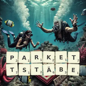 Kreative Illustration für ein Scrabble-Spiel, bei dem das Wort PARKETTSTÄBE mit Steinen auf dem Brett gelegt wurde.