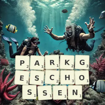 Kreative Illustration für ein Scrabble-Spiel, bei dem das Wort PARKGESCHOSSEN mit Steinen auf dem Brett gelegt wurde.
