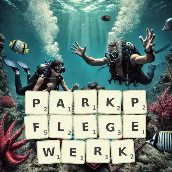 Kreative Illustration für ein Scrabble-Spiel, bei dem das Wort PARKPFLEGEWERK mit Steinen auf dem Brett gelegt wurde.