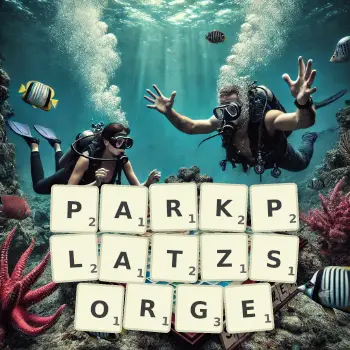 Kreative Illustration für ein Scrabble-Spiel, bei dem das Wort PARKPLATZSORGE mit Steinen auf dem Brett gelegt wurde.
