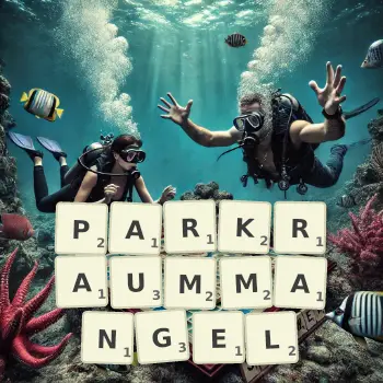 Kreative Illustration für ein Scrabble-Spiel, bei dem das Wort PARKRAUMMANGEL mit Steinen auf dem Brett gelegt wurde.