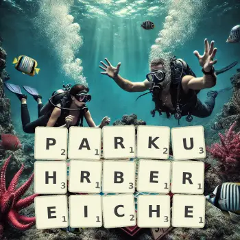 Kreative Illustration für ein Scrabble-Spiel, bei dem das Wort PARKUHRBEREICHE mit Steinen auf dem Brett gelegt wurde.