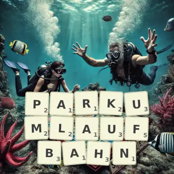 Kreative Illustration für ein Scrabble-Spiel, bei dem das Wort PARKUMLAUFBAHN mit Steinen auf dem Brett gelegt wurde.