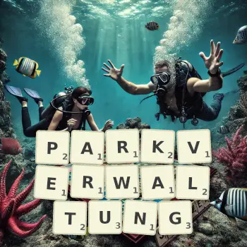 Kreative Illustration für ein Scrabble-Spiel, bei dem das Wort PARKVERWALTUNG mit Steinen auf dem Brett gelegt wurde.