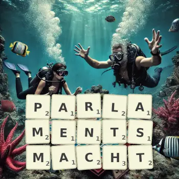 Kreative Illustration für ein Scrabble-Spiel, bei dem das Wort PARLAMENTSMACHT mit Steinen auf dem Brett gelegt wurde.