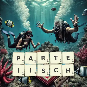 Kreative Illustration für ein Scrabble-Spiel, bei dem das Wort PARTEIISCH mit Steinen auf dem Brett gelegt wurde.