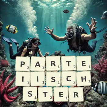 Kreative Illustration für ein Scrabble-Spiel, bei dem das Wort PARTEIISCHSTER mit Steinen auf dem Brett gelegt wurde.