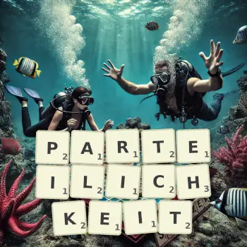 Kreative Illustration für ein Scrabble-Spiel, bei dem das Wort PARTEILICHKEIT mit Steinen auf dem Brett gelegt wurde.