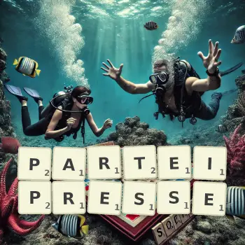 Kreative Illustration für ein Scrabble-Spiel, bei dem das Wort PARTEIPRESSE mit Steinen auf dem Brett gelegt wurde.