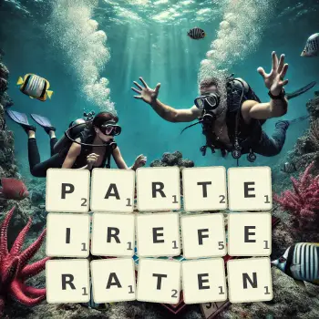 Kreative Illustration für ein Scrabble-Spiel, bei dem das Wort PARTEIREFERATEN mit Steinen auf dem Brett gelegt wurde.
