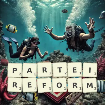 Kreative Illustration für ein Scrabble-Spiel, bei dem das Wort PARTEIREFORM mit Steinen auf dem Brett gelegt wurde.
