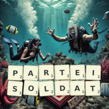 Kreative Illustration für ein Scrabble-Spiel, bei dem das Wort PARTEISOLDAT mit Steinen auf dem Brett gelegt wurde.