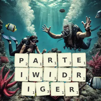 Kreative Illustration für ein Scrabble-Spiel, bei dem das Wort PARTEIWIDRIGER mit Steinen auf dem Brett gelegt wurde.