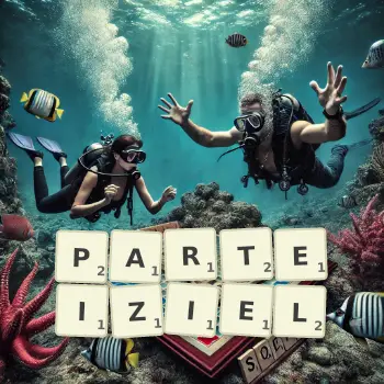 Kreative Illustration für ein Scrabble-Spiel, bei dem das Wort PARTEIZIEL mit Steinen auf dem Brett gelegt wurde.