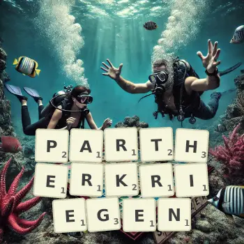 Kreative Illustration für ein Scrabble-Spiel, bei dem das Wort PARTHERKRIEGEN mit Steinen auf dem Brett gelegt wurde.