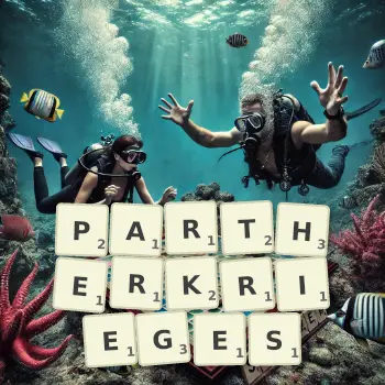 Kreative Illustration für ein Scrabble-Spiel, bei dem das Wort PARTHERKRIEGES mit Steinen auf dem Brett gelegt wurde.