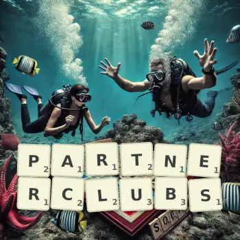 Kreative Illustration für ein Scrabble-Spiel, bei dem das Wort PARTNERCLUBS mit Steinen auf dem Brett gelegt wurde.