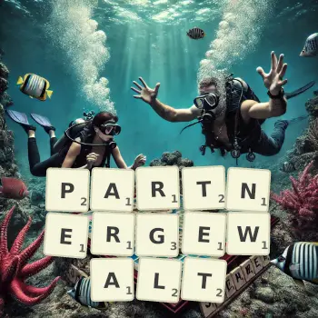 Kreative Illustration für ein Scrabble-Spiel, bei dem das Wort PARTNERGEWALT mit Steinen auf dem Brett gelegt wurde.