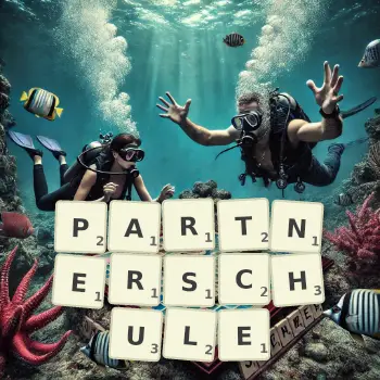 Kreative Illustration für ein Scrabble-Spiel, bei dem das Wort PARTNERSCHULE mit Steinen auf dem Brett gelegt wurde.