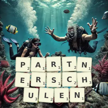 Kreative Illustration für ein Scrabble-Spiel, bei dem das Wort PARTNERSCHULEN mit Steinen auf dem Brett gelegt wurde.