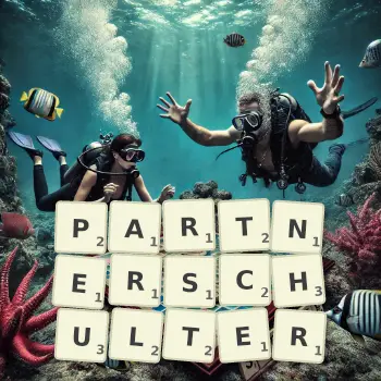 Kreative Illustration für ein Scrabble-Spiel, bei dem das Wort PARTNERSCHULTER mit Steinen auf dem Brett gelegt wurde.
