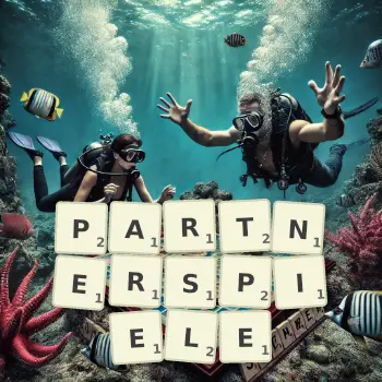 Kreative Illustration für ein Scrabble-Spiel, bei dem das Wort PARTNERSPIELE mit Steinen auf dem Brett gelegt wurde.